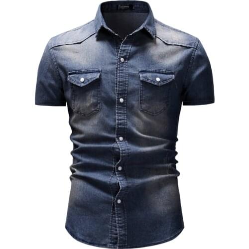 Men Clothing 2021 Mens European and American Denim Shirt Mens Denim Short Sleeve Shirt Camisas Para Hombre