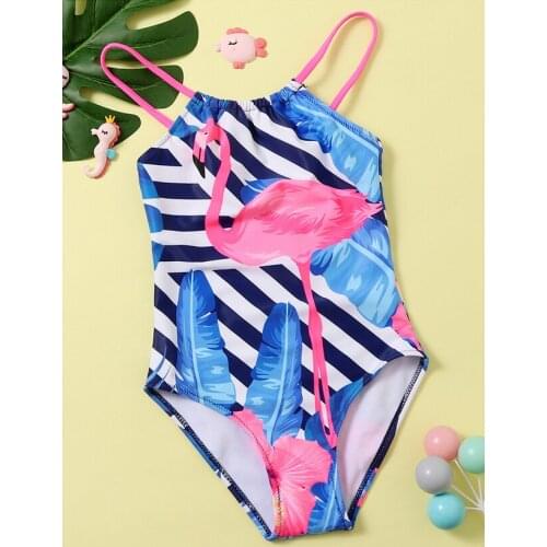 2-6 Years Girls' Swimsuits One Piece 2021 New Flamingo Blue Striped Childrens Swimwear High Flexibility Beachwear TB076