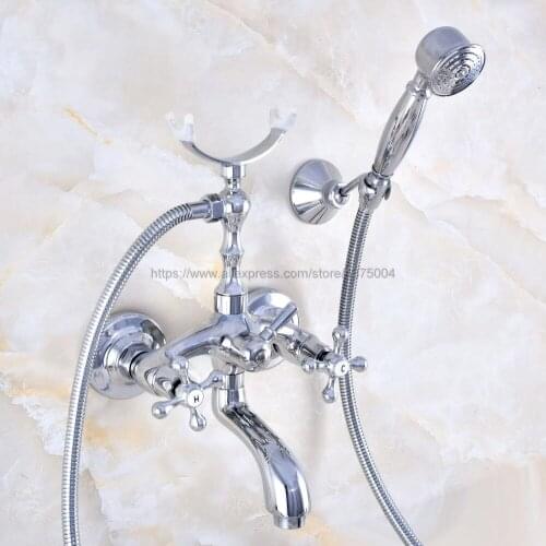 Polished Chrome Dual Cross Handles Bathtub Shower Faucet Wall Mount Bathroom Tub Faucet with Handheld Sprayer Nna763
