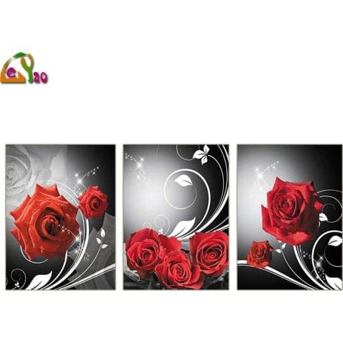 Romantic red rose triptych 5D DIY Diamond Painting Full Square Diamond Embroidery Rhinestones Pictures Crafts 3pcs