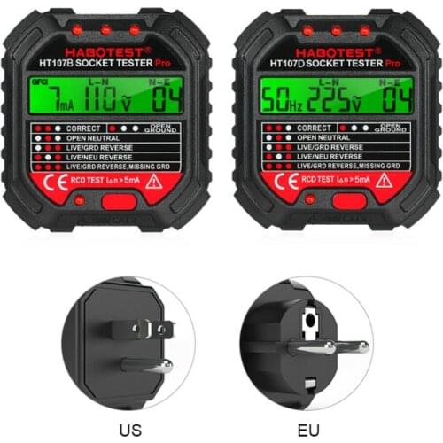 HT107B HT107D HABOTEST GFCI Outlet Tester with Voltage Display 90-250V Socket Tester Detector Voltage Meters Black