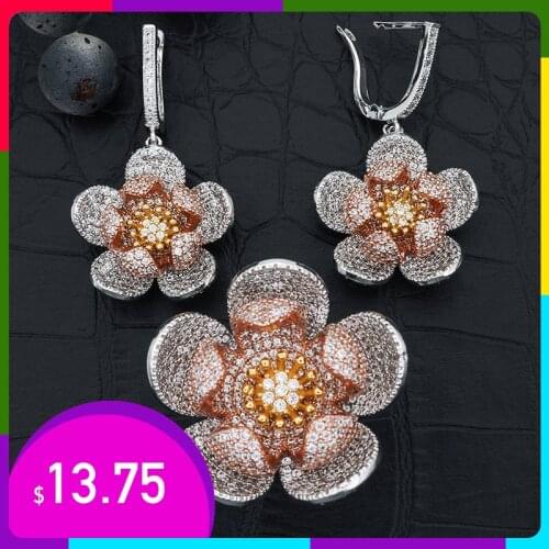 High Quality Cubic Zircon Three Tones Gold Flower Dangle Earrings Ring Set for Women Wedding Party Jewelry Gift