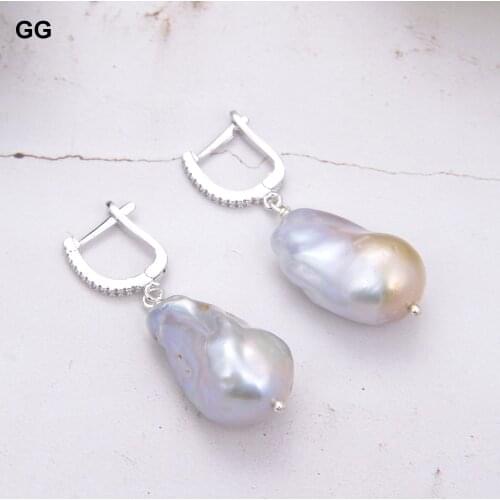 GuaiGuai Jewelry Cultured Silver Gray Keshi Pearl Cubic Zirconia Pave Lever Back Earrings For Women