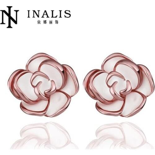 INALIS Hot Sale Flowers Zircon Earrings For Women Fashion Rose GoldPlated Stud Earrings Jewelry brinco E923