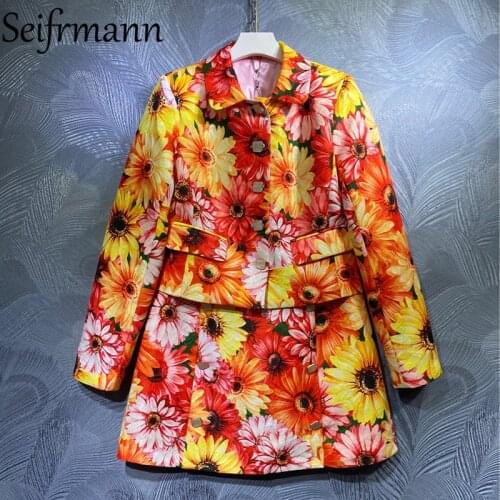 Seifrmann New 2021 Summer Women Fashion Runway Skirts Set Long Sleeve Elegant Slim Coat + High Waist Floral Printed Skirts Suits