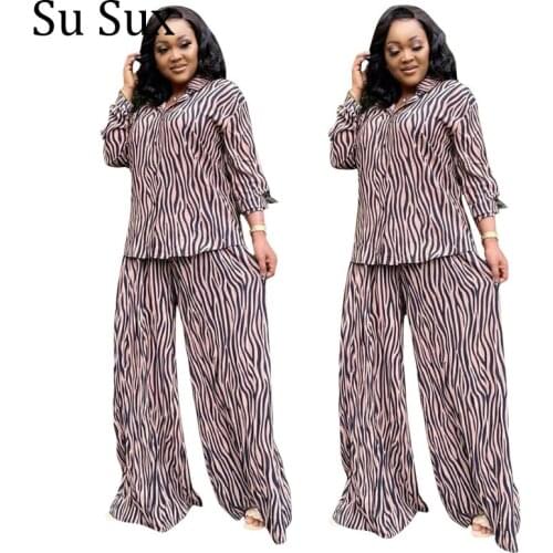 Plus Size Suit Shirt Two Piece Set Women Casual Tracksuit Sleep Striped Blouse Top and Wide Leg Pants Suit Vestidos Female 2021