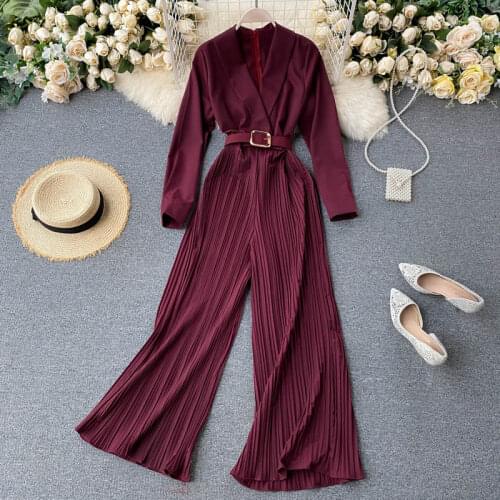 Womens spring autumn long sleeve vintage long jumpsuit female deep v neck wide leg long pleated pants overall TB1130
