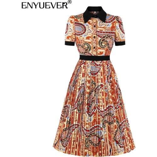 Enyuever Elegant Print Pleated Dress Women Summer Clothes Short Sleeve Black Turn Down Collar High Waist Button Up Vintage Dress