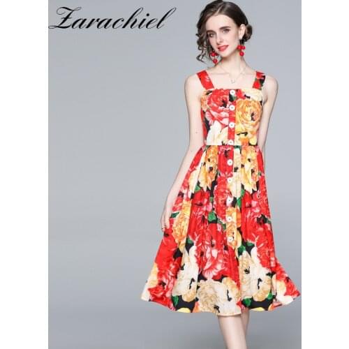 2021 Summer Charming Floral Printed Holiday Beach Dress Womens Spaghetti Strap Buttons Backless Elegant Boho Pleated Dress