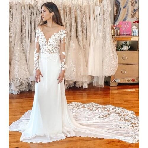 Modern Appliques Long Sleeve Wedding Dress 2021 Sexy V Neck Sweep Train High Quality Princess Chiffon Bridal Gowns Custom Made