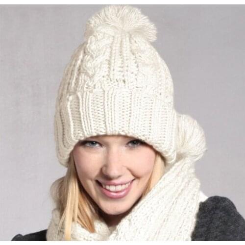Winter 2pcs Scarf and Hat Set Plush Ball Beanie Autumn Lady Warm Knitted Cap Vintage