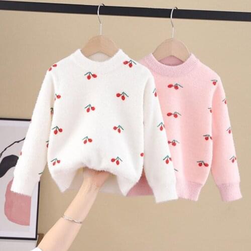 Winter Kids Toddler Baby Cherry Print Knitted Sweater For Girls Plush Velvet Warm Sweaters Pullovers Tops1 2 3 4 5 6 7 Years old