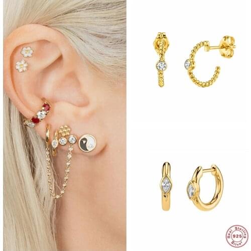 Aide 925 Sterling Silver Gold Twist Hoop Earring With Shiny Clear Zircon Crystal Loop Circle Round Earring Punk Rock Jewelry