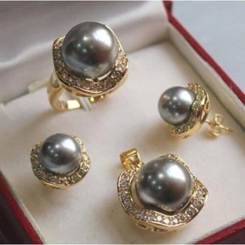 Nobility Quartz crystal 10mm &14mm Color South sea Shell Pearl/ gem stone Earrings Ring Necklace Pendant SetGrad