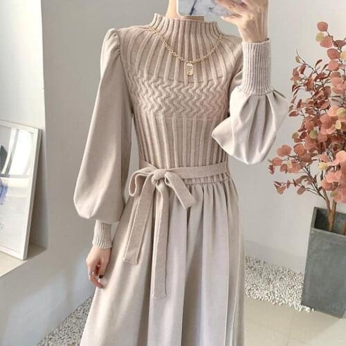Elegant knitted Patchwork Sweater Dress Women Half Turtleneck Autumn 2020 New Vintage A-line Corduroy Dresses Vestidos With Belt