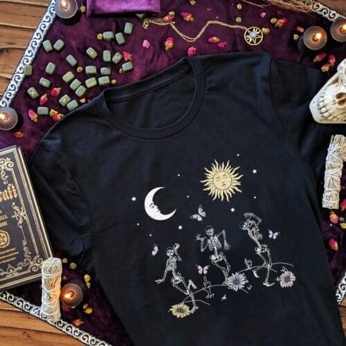 Skeleton Dance Vintage Gothic T Shirt Celestial Oversized Streetwear Graphic Tshirt Aesthetic Women T-shirts Halloween Clothes