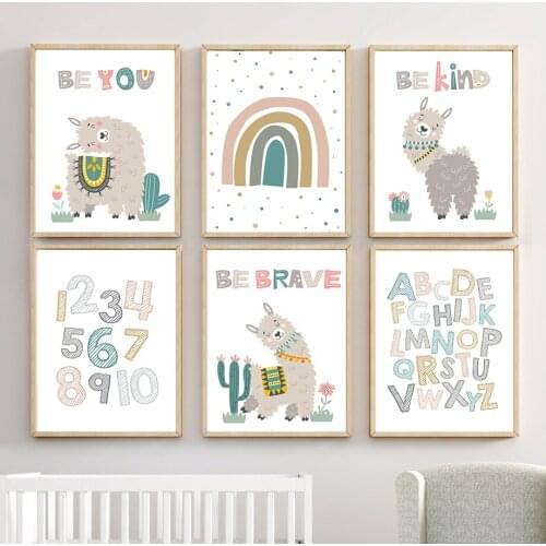 Cute Alpaca Cactus Flower Rainbow Number Quotes Wall Art Canvas Painting Nordic Posters And Prints Wall Pictures Kids Room Decor