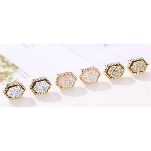 Fashion Druzy Stud Earrings Mini Hexagon Resin Drusy Stud earings Brand Designer Jewelry Gold colour ACC for girls lady