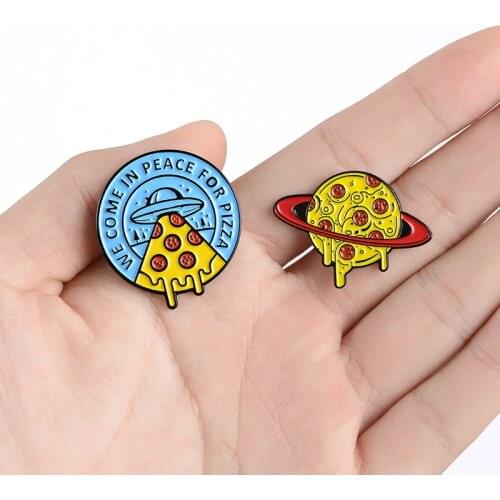 Cartoon food pizza planet enamel brooch UFO and aliens "WE COME IN PEACE FOR PIZZA" Creative badge Gifts for kids