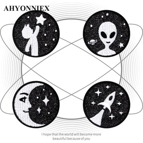 Round Alien Moon Embroidery Patch Stickers Mobile Phone Shell Pad Hand Account Book Iron On Patches for Clothes Dress Shoes