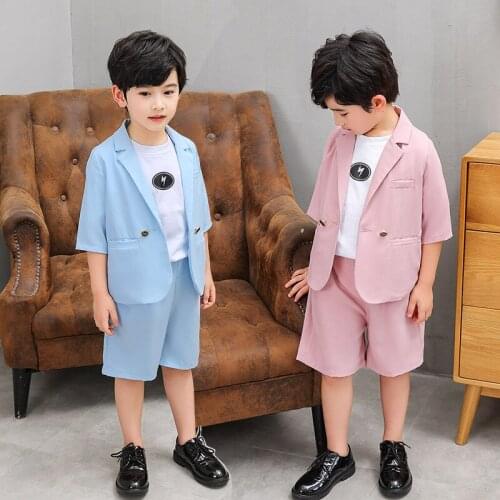 2021 Korea Boys Summer Cool Blazer Jacket+Shorts 2Pcs Clothing Set Gentleman Kids Formal Wedding Suit Children Performance Dress