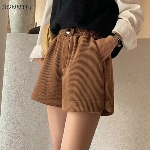 Shorts Women Plus Velvet Corduroy Soft Solid Korean Style Elegant High Street Autumn Fashion Female All-match Office Lady Daily