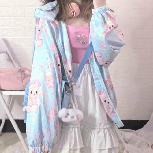 Spring Sweet Lolita Style Thin Hoodies Girls Loose Cute Cartoon Baby Bear Print Zipper Hooded Sweatshirt Women Kawaii Outerwear