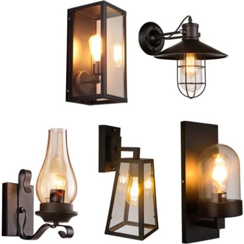 Vintage Simplicity Gray Glass LED Wall Lamp Iron Edison Light Shade Wall Lights Retro Home Decor Lamp for Bedroom Corridor Foyer