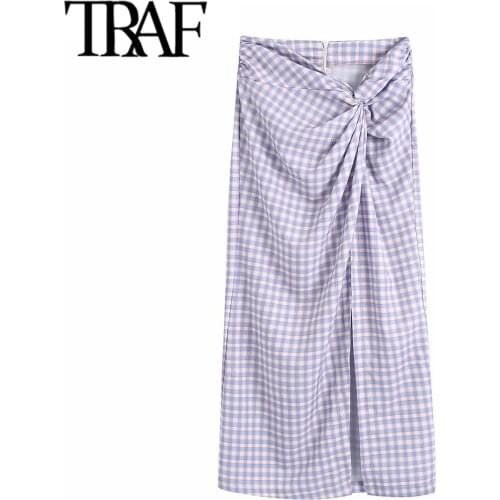 TRAF Women Fashion With Knotted Check Slit Midi Skirt Vintage High Waist Back Zipper Female Skirts Mujer