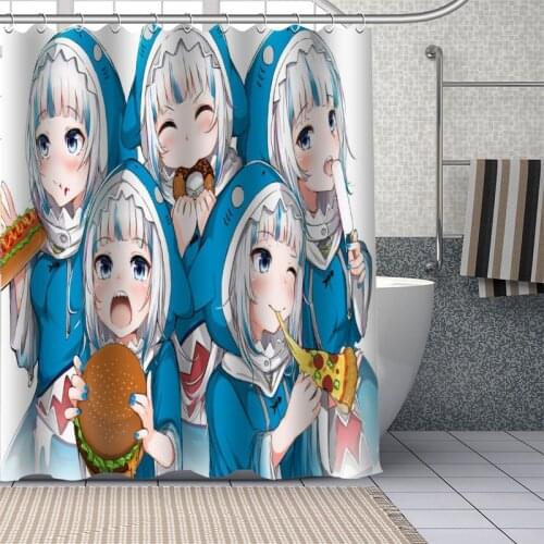 New Custom Japanese Anime Gawr Gura Curtains Polyester Bathroom Waterproof Shower Curtain With Plastic Hooks More Size