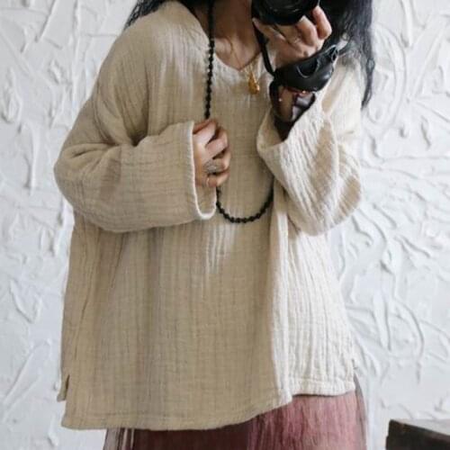 Johnature Women Linen T-Shirts V-Neck Long Sleeve Simple Solid Color Loose Tees 2021 Autumn New Comfortable Soft Vintage T-Shirt