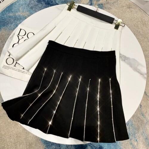 Cakucool New 2021 Diamond Beading Pleated Skirt Drill Chain High-waisted Solid Black White Pleated Skirts