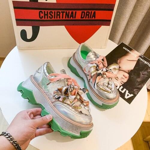 2021 Women Platform Shoes Chunky Sneakers Luxury Fashion Designer Pearl Silk Thick Sole Ladies Shoes Breathable Sneakers Woman