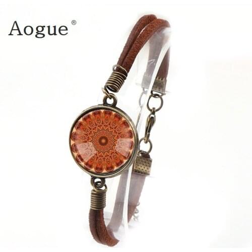 Women Brown Artificial Leather Butterfly Bracelet Rock Biker Bracelets with Dome Paisley Pattern Round Glass Cabochon