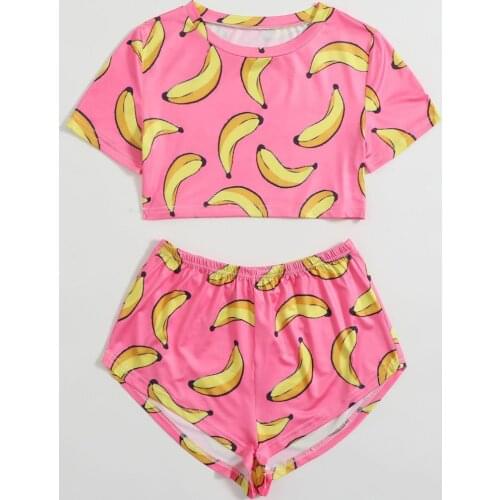 2020 Summer Women Set Crop Tops + Shorts Womens Fruit Flower Printed Home Clothing Set Ladies Casual Cotton Two Piece Set#g3