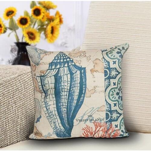 1PC Marine style Blue Sea Helm Printed Cushion Cover Cotton Linen Coral Pillow Cover Decorative Car Chair Pillow Case OU 008