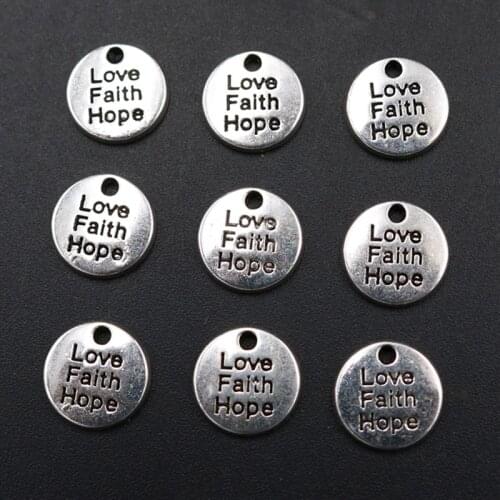 15pcs Silver Color Love Faith Hope Mini Circle Plate Charm Retro Bracelet keychain DIY Metal Jewelry Alloy Pendant 12mm A1827
