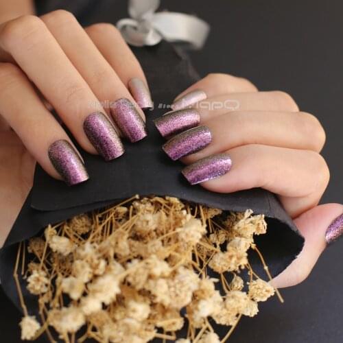 24 pcs Personality New fake nail purple Solid art wind long glitter False Nails Full Artificial Multi-color optional square