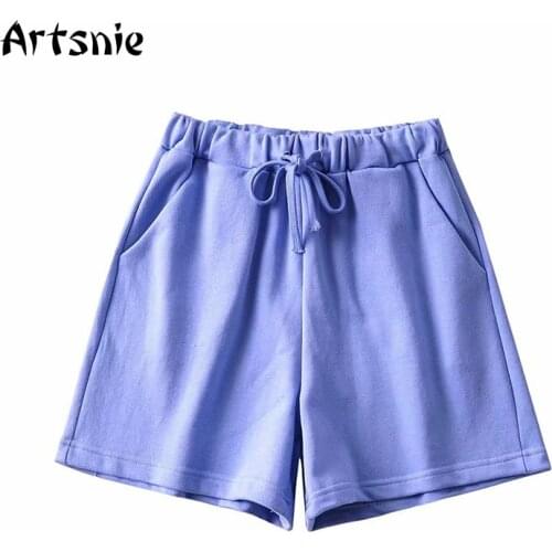 Artsnie High Waist Blue Shorts Women Drawstring Knitted Streetwear Casual Shorts Double Pockets Spring 2021 Oversized Shorts