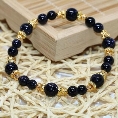 Free shipping gold-color spacer accessories natural 8mm blue sandstone round beads women bracelets jewelry 7.5inch B2093