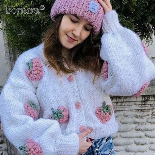 Bornsra 2021 Autumn Winter Can Lazy Wind Three-dimensional Pattern Thick Thread Crocheted High Waist Handmade Sweater Jacket