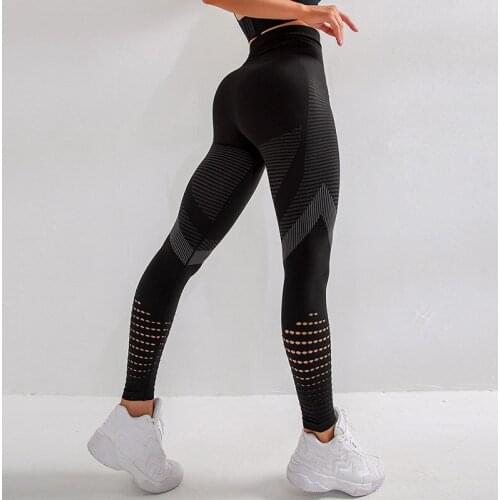 NORMOV Seamless Women Pants Workout High Waist Push Up Polyester Trousers Casual Hollow Out Striped Pants Femme