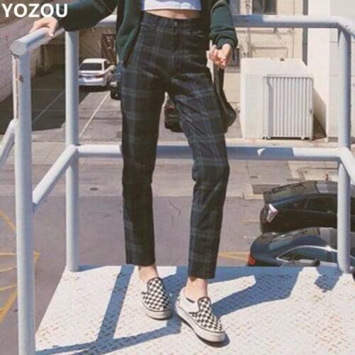 Vintage retro england style Korean pants harajuku checkerboard high waist plaid pants trousers women female Cotton YL-50