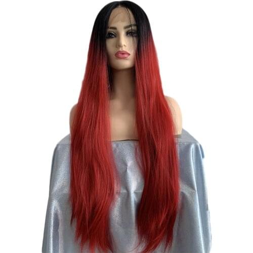 Long Straight Lace Front Wig Ombre Black Root to Red Middle Part Hair Heat Resistant Fiber Cosplay Synthetic Wig for Women 26