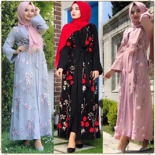 Elegant Muslim Embroidery Abaya 3D Appliques Beading Full Dress Cardigan Kimono Long Robe Gowns Jubah Eid Ramadan Islamic