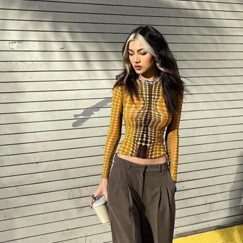 Dot Print T Shirts Women Tops Cyber Ghetto O-neck Tee Female Y2k Long Sleeve Grunge Autumn 2021 Vintage Baddie E Girl Aesthetic