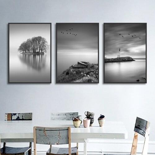 Modern Minimalist Landscape Canvas Painting Black White Lake Tree Bird Print Picture Home Decor Poster For Living Room Bedroom