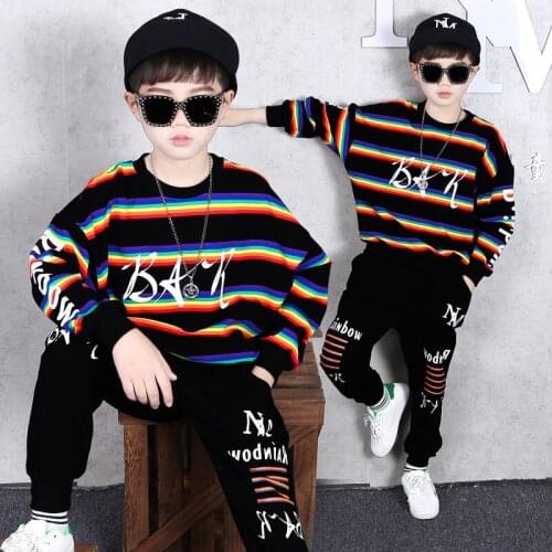 5 6 7 8 9 10 Y Kids Clothing Set Korean Rainbow Striped Letter Print Sweatshirt Pants 2 Pcs For Boy Toddler Boys Autumn Suits