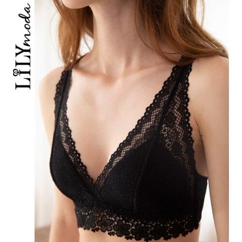 LILYMODA New Arrivals High Quality Comfortable Women Wireless Lace Sexy Bra Brassiere Padded Hollow Out Bralette Underwear BLACK