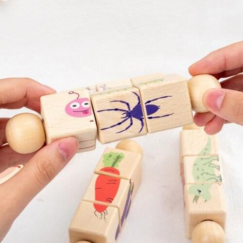 Monterssori Toy Puzzle Lovely Rotating Wood Kids Early Education Cognitive Guiding Cartoon Pattern Building Block For Home